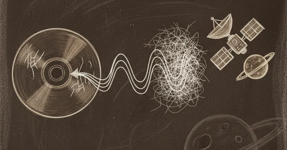 Chalk sketch of a scratched disc and a distant space probe linked by a signal line passing through static