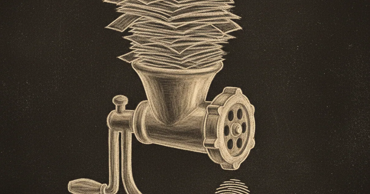 Chalk sketch of documents funneled through a grinder into a single small fingerprint, with a one-way arrow