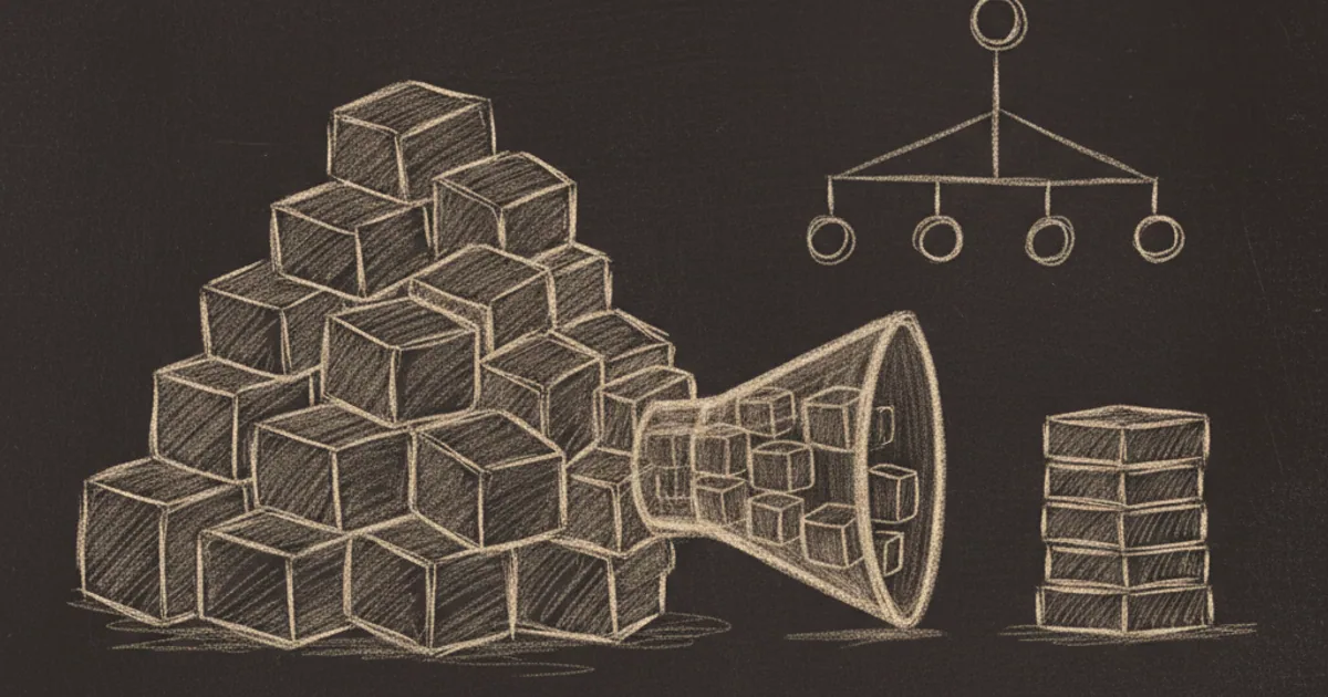 Chalk sketch of loose blocks funneled through a narrow passage into a compact stack, with a binary tree beside it
