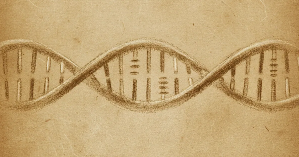 Chalk sketch of a DNA double helix with rungs grouped in threes, illustrating the genetic code