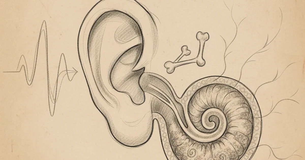 Chalk cross-section of an ear with sound waves reaching the eardrum, three small bones, and a spiral cochlea sending signals onward