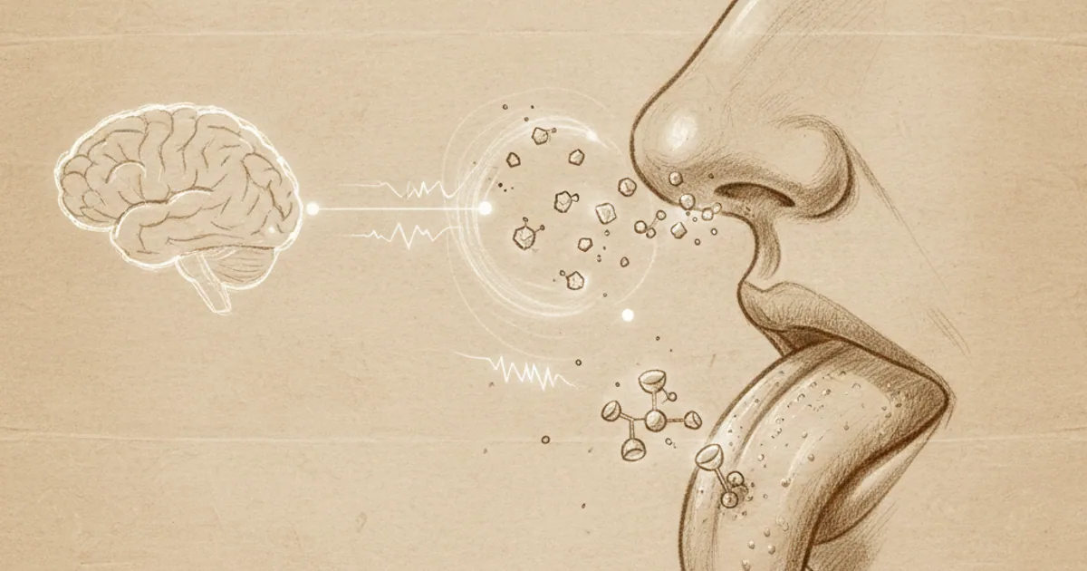 Chalk sketch of a nose and tongue catching drifting molecules with receptors and signals flowing to the brain