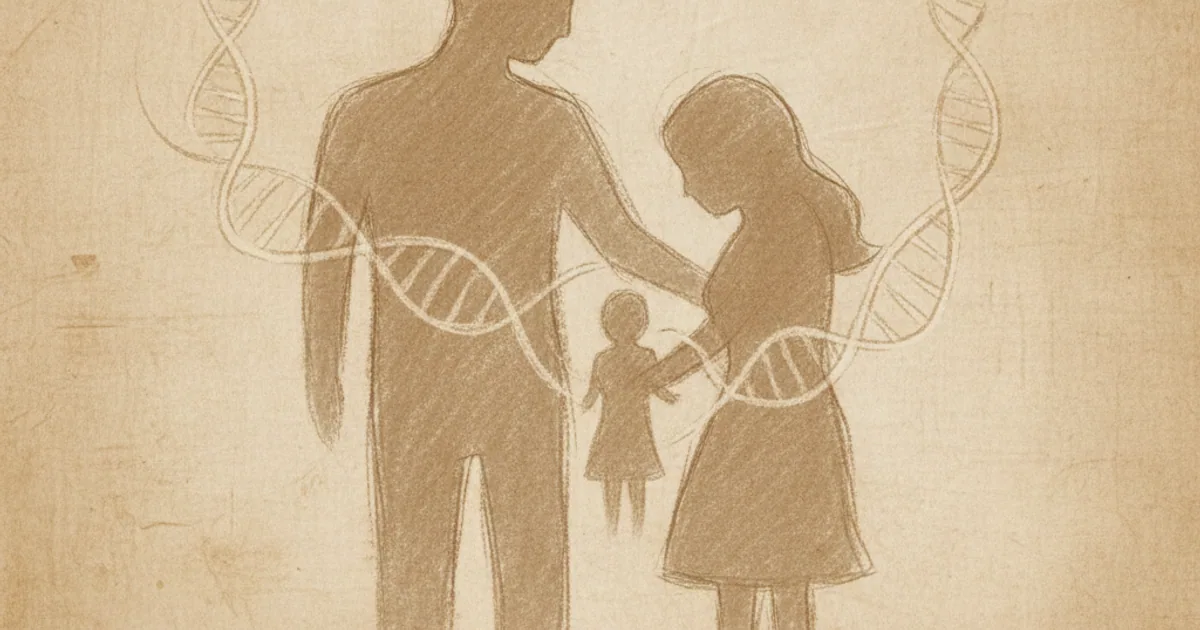 Chalk sketch of two parents and a child linked by faint DNA strands, illustrating inheritance