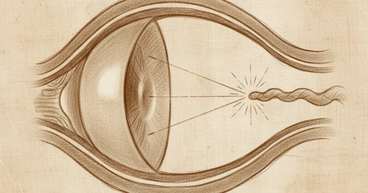 Chalk cross-section of an eye with light rays focusing on the retina and signals leaving along the optic nerve
