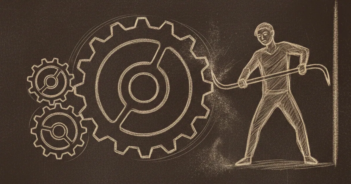 Chalk sketch of two small gears combining easily into a large one, and a figure failing to split it apart