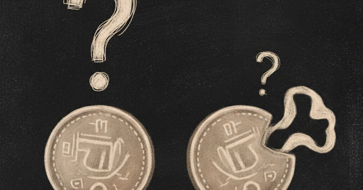 Chalk sketch of a fair coin and a weighted coin with differently sized question marks above them