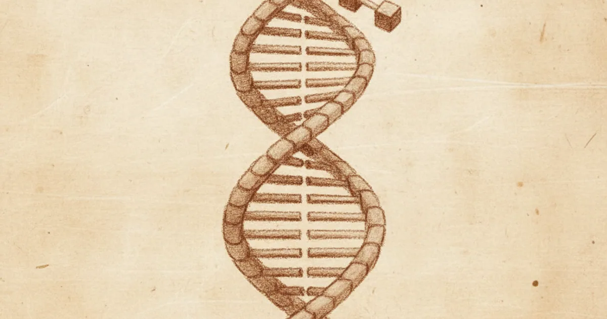 Chalk sketch of a DNA ladder with a single altered rung, illustrating a mutation as a typo in the code