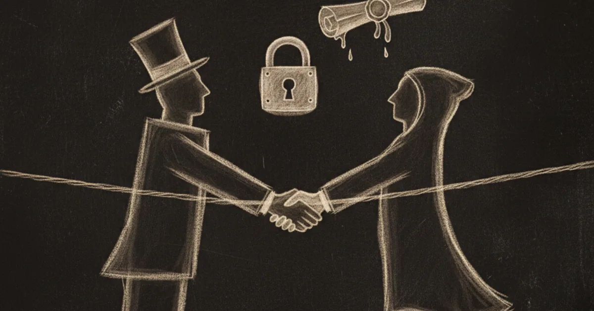 Chalk sketch of two figures shaking hands across a wire beneath a padlock and a sealed certificate scroll
