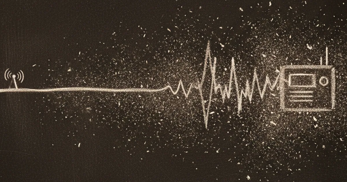 Chalk sketch of a smooth wave leaving an antenna and roughening into jitter as it crosses grainy static